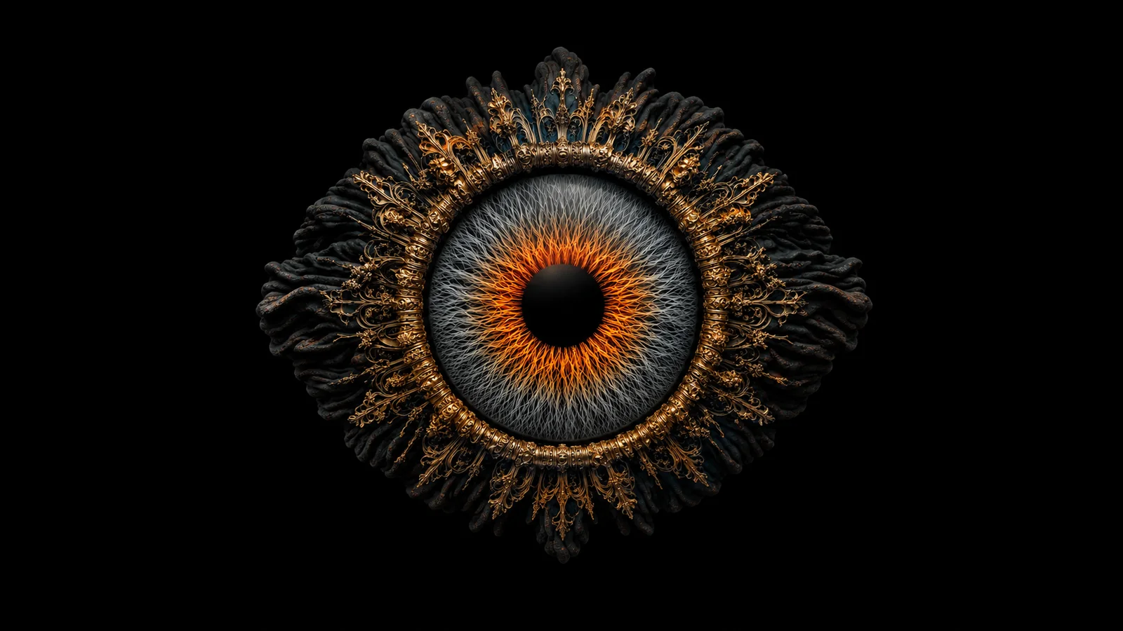 Ornamental iris artwork in silver and gold